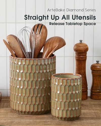 Utensil Holder, 7.5" + 5.3" Ceramic Kitchen Utensil Holder, Green