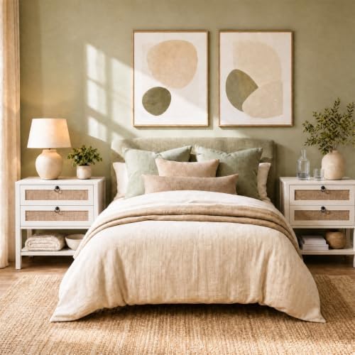 GIANTEX Rattan Nightstand Set 2 with 2 Drawers, 27" Wide Boho Bedside Table