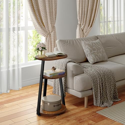 Kalrin Side Table, Small End Table with Metal Frame, 3-Tier Bedside Tables, Round Side Tables for Living Room Bedroom Couch Bathroom, Oval, Vintage Brown