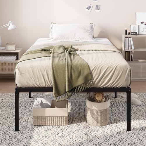 Allewie Twin Bed Frame, 18 Inch Metal Beds with Storage Space, Black