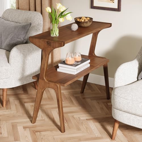 Tribesigns Solid Wood End Table, 2-Tier Farmhouse Side Table with Storage Shelves, Slim Side Table for Couch with Unique Legs, Long Bedside Table for Bedroom, Living Room, Rustic Brown
