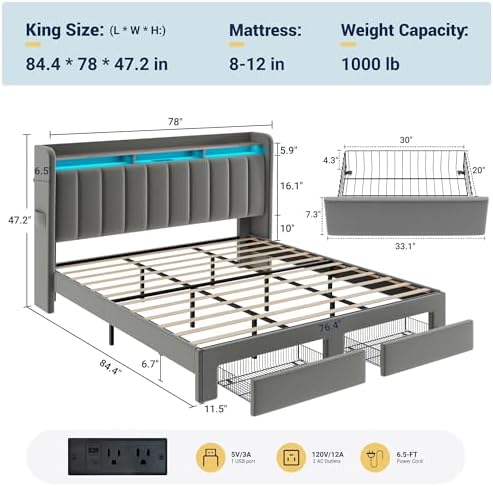 Allewie King Size Bed Frame with 2-Tier Storage Headboard & 2 Large Drawers