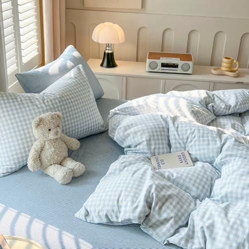 Gingham Duvet Cover Set,Cotton,Queen (90"x90"),Blue White Plaid