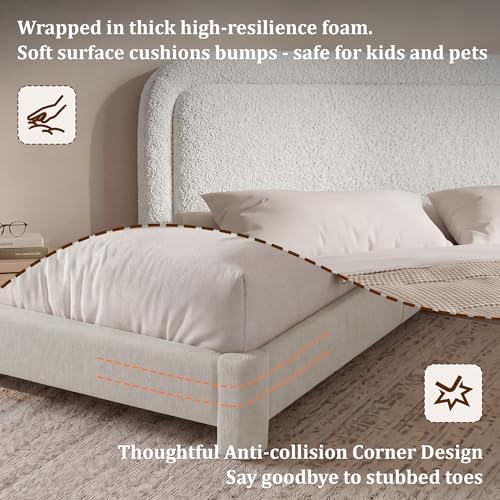 Vipbear Boucle Queen Bed Frame with Adjustable Headboard, Upholstered Platform Bed Frame with Wood Slats, Noise-Free Cloud Queen Bed, No Box Spring Required, Easy Assembly, Cream