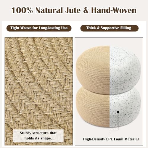 Briwooody 2 Pcs Handmade Round Jute Weave Low Pouf Ottoman
