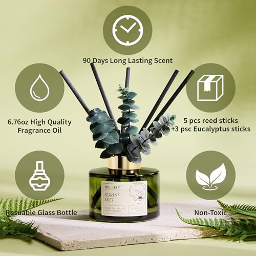 Airkeep Reed Diffuser Set with 6.76 fl oz Forest Mist Scent Essential Oils and 3 Leaves & 8 Diffuser Sticks,Bathroom Shelf Decor & Air Freshener, House Bedroom Office Decor & Gifts