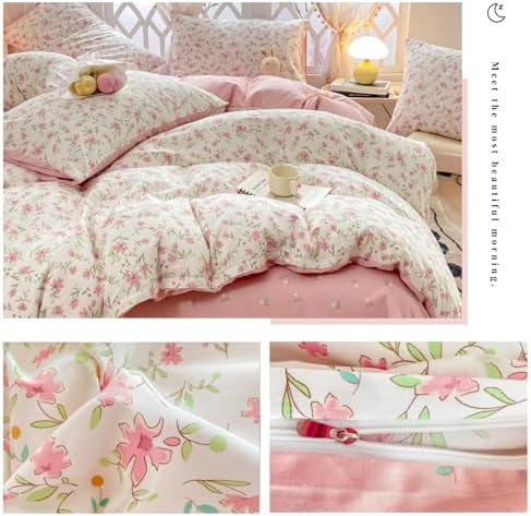 Girl's Pink Flower Duvet Cover Set 100% Cotton Twin(68"x86"),Pink White