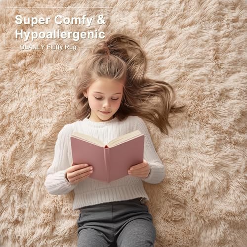 OLANLY 5x10 Machine Washable Large Area Rugs for Living Room, Bedroom, Soft Fluffy Shaggy Bedside Rug, Indoor Floor Carpet for Kids Girls and Boys, Dorms, Nursery, Home Decor Aesthetic, Beige