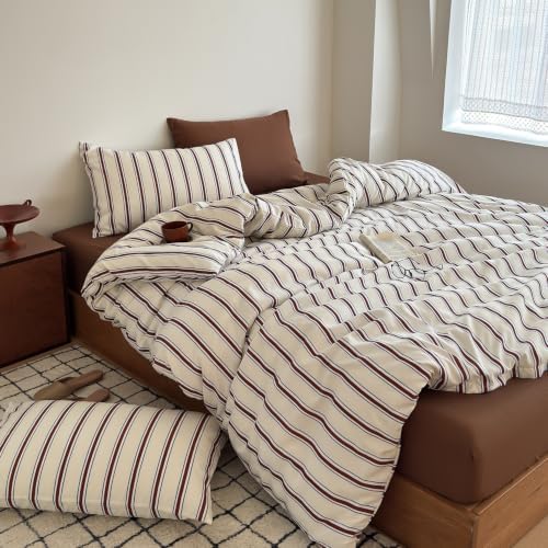 mixinni Retro Striped Duvet Cover Twin Size - 3-Piece Vintage Red Brown & Blue Stripes Printed Duvet Cover Set, Soft Washed Microfiber Bedding, Vintage Stripe Comforter Cover with Zipper&Ties