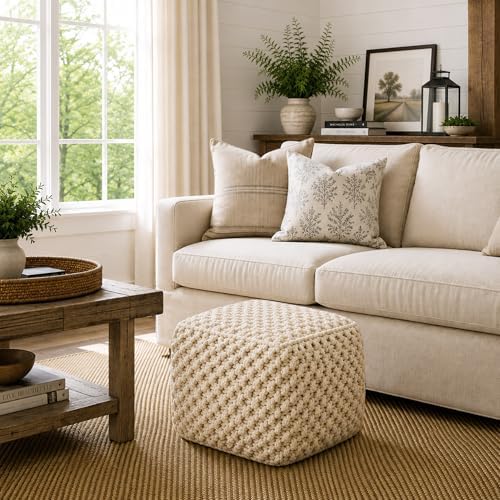 Casafield Square Pouf Ottoman, Natural - 18.5" W x 18.5" D x 14.5" H Cotton Knit Foot Stool - Boho Floor Pouffe for Living Room, Bedroom, Home Office