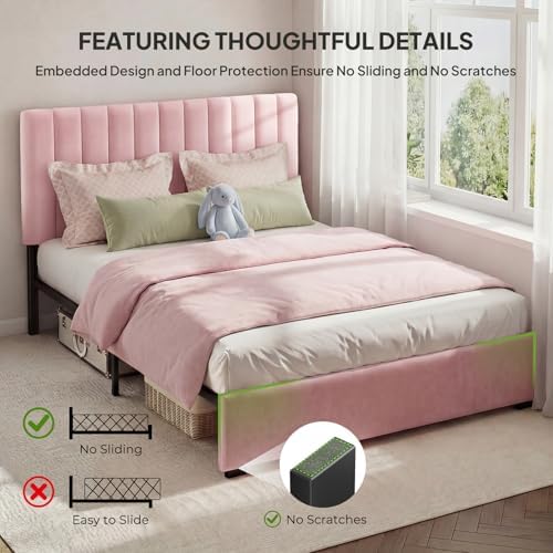 Welzona Queen Size Velvet Upholstered Bed Frame with Tufted Headboard, Pink