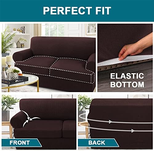 Turquoize 3 Piece T Cushion Sofa Slipcovers Stretch Couch Cover Furniture Covers with 2 Individual T Cushion Covers, Machine Washable (2 Cushion Sofa, Brown)
