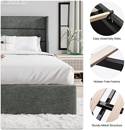 SHA CERLIN Queen Size Lift Up Hydraulic Storage Bed Frame Dark Grey