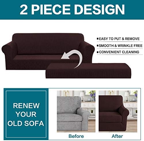 Turquoize Stretch Sofa Slipcover 2 Pieces Sofa Cover Couch Cover for 3 Cushion Couch Washable Furniture Protector Covers with Elastic Bottom Feature Thick Jacquard Fabric (Sofa, Brown)
