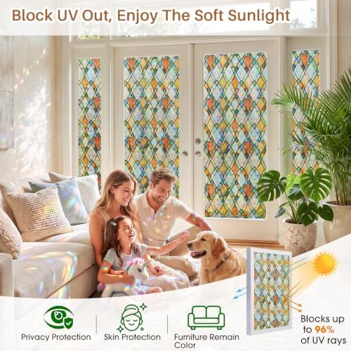 Sunbaby Stained Glass Winodw Film, Rainbow Lattice Stickers, 23.6"x78.7"
