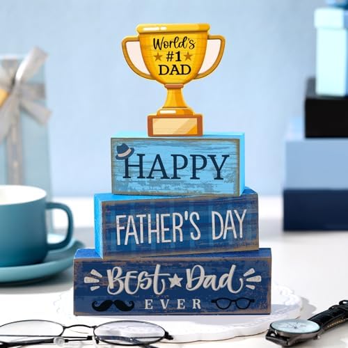 Yuntau 4 Pcs Father's Day Wood Blocks, Dad Trophy Tiered Tray Decor