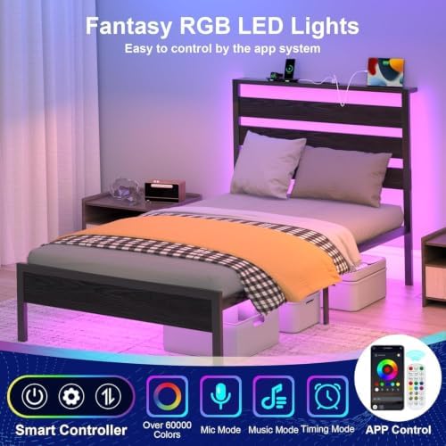J.Fkne Twin Bed Frame with Headboard, Platform Bed with LED & Charging Station, Heavy Duty Metal Slats, No Box Spring Needed, Noise Free, Easy Assembly, Black