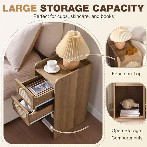 Narrow Nightstand Set of 2 (Rattan & Wood) - Small Bedside Table with 2 Drawers, Open Shelf, Mid Century Modern End Table - for Bedroom, Living Room & Small Spaces, Rustic Oak Rattan