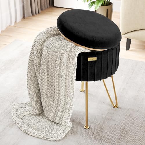 Round Ottoman with Storage, Pleated Velvet Storage Ottoman, Foot Stool Ottomans, Makeup Vanity Stool, Small Ottomans Foot Rest, Modern Vanity Stools for Living Room and Bedroom, Black