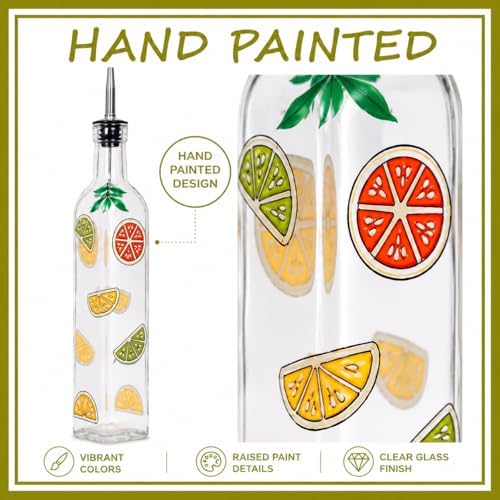 17oz Hand Painted Glass Olive Oil Bottle - 500ml Green Oil & Vinegar Cruet with Pourers - Olive Oil Carafe Decanter for Kitchen (Fruit)