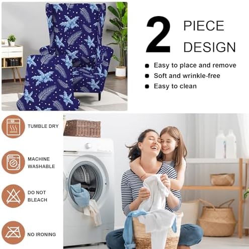 HAOYONG 2 Piece Wingback Chair Covers Stretch Wing Chair Slipcover Printed Wing Back Chair Covers with Arms Washable Spandex Fabric Armchair Cover Protection Furniture for Living Room and Bedroom
