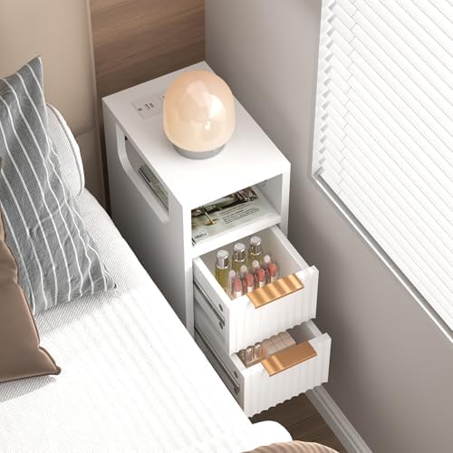 Narrow Side Table with Charging Station, Skinny Fluted Nightstand, White