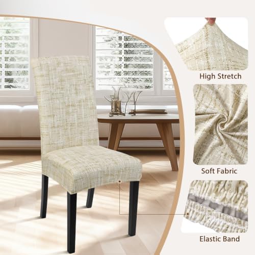 SearchI Dining Room Chair Covers Set of 6, Stretch Printed Parsons Chair Slipcovers Removable Washable Kitchen Chair Protector Cover for Dining Room, Hotel, Ceremony (Flaxen Print)
