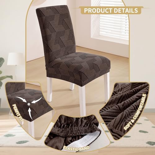 JIVINER Stretch Dining Chair Slipcovers Set of 2, Geometrical Jacquard Dining Chair Covers, Washable Kitchen Chair Covers for Dining Room, Hotel, Party, Brown