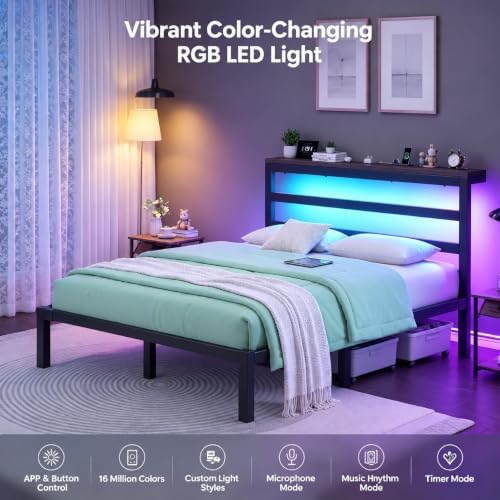 Queen Bed Frame with Charging Station and LED Lights Headboard, Black