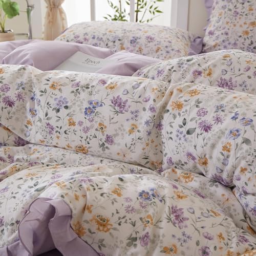mixinni Floral Duvet Cover Set King Size, 100% Cotton 3-Piece Bedding Set with Ruffled Lace, Reversible Lavender Wildflower Ruffle Design, Soft Aesthetic Cottagecore Duvet Cover with Zipper Closure