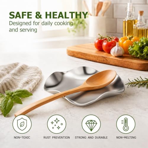 VanlonPro Stainless Steel Spoon Rest, Spatula Ladle Holder, Stainless Steel Utensil Spoon Rest Holder, Brushed Finish, Dishwasher Safe 5.9 Inch (Flower Silver 1PC)