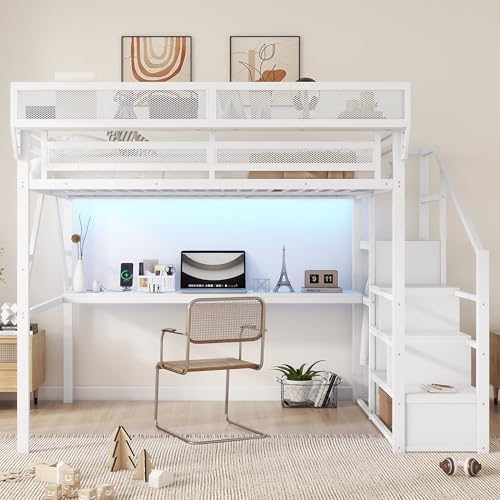 Queen Size Metal Loft Bed Frame with Desk, Staircase, Built-in Storage Shelves and Wardrobe, Modern Loft Bed with Solid Slat, Guardrail, No Box Spring Required, Easy Assembly, for Bedroom, White