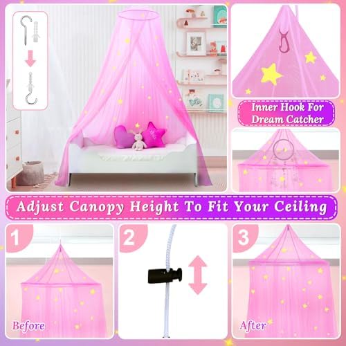South to East Pink Bed Canopy for Girls with Glowing Stars, Gift for Girl