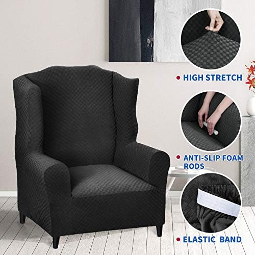 MAXIJIN Wingback Chair Covers 1-Piece Stretch Wing Chair Covers Soft Thick Wingback Armchair Slipcover Non-Slip High Back Chair Furniture Protector Washable (Wing Chair, Black)