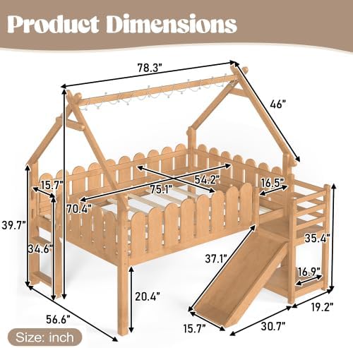 Bellemave Low Loft Bed Full with Slide and Lights Strip for Kids, Natural