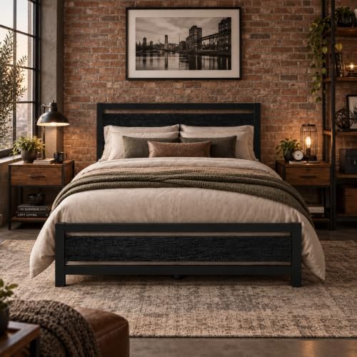 Queen Metal Bed Frame with Industrial Headboard, Black