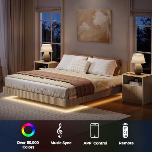 Evermagin Queen Bedroom Set, Fluted Floating Bed Frame & Nightstands, Oak