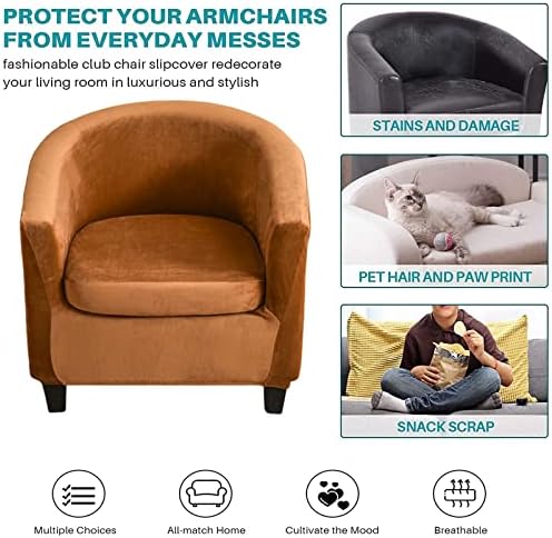NILUOH Velvet Club Chair Slipcover 2 Piece Stretch Tub Chair Cover Round Barrel Chair Covers Non Slip Armchair Covers Couch Covers with Elastic Bottom for Bar Counter Living Room(Camel)