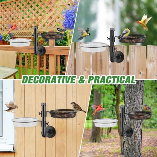 Urban Deco Metal Wall Mounted Bird Feeder & Bath Combo for Balcony, Fence, Yard — Detachable Seed Tray + 2 Water Bowls, Easy Clean, Black | Attracts Cardinals, Chickadees, Finches