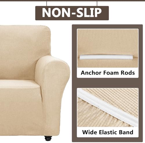 3 Piece Stretch Matching Chair and Ottoman Slipcover Set, Jacquard Arm Chair/Ottoman/Fitted Seat Covers, Non-Slip Accent Armchair and Foot Stool Slip Cover (Beige,3 Pieces Set)