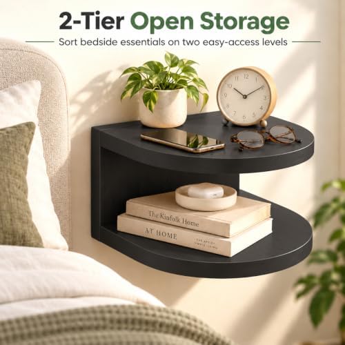 Bamboo Floating Wall Mounted Nightstand Wall Storage Shelf (2, Black)