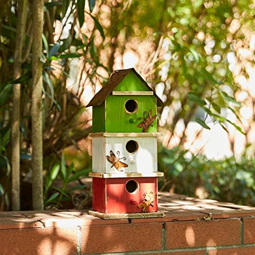 Glitzhome Bird Houses for Outside, 13.75" H Multicolored Three-Tiered Distressed Solid Wood Birdhouse Garden Hanging Bird House for Outdoors