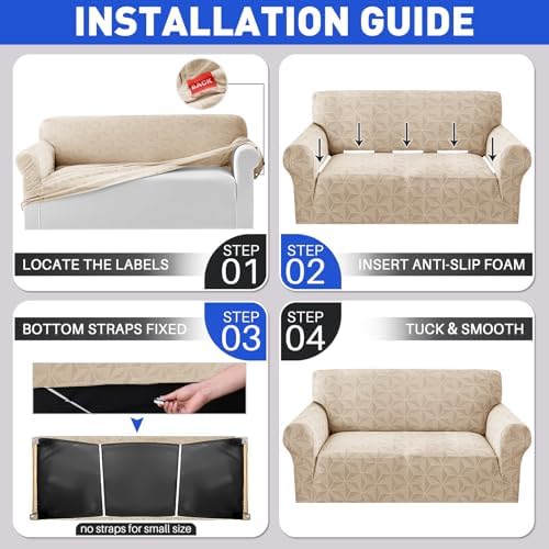 YEMYHOM 1 Piece Stretch Oversized Couch Covers for 4 Seat, Jacquard Extra Large Sofa Cover with Non-Slip Elastic Bottom, Thickened Slipcover Furniture Protector for Dogs Pets (X-Large, Khaki）