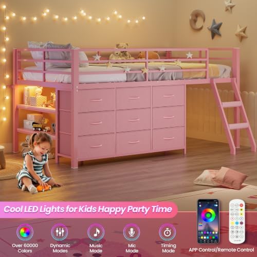 Low Loft Bed Twin Size with 9 Storage Drawers, LED Lights Loft Bed