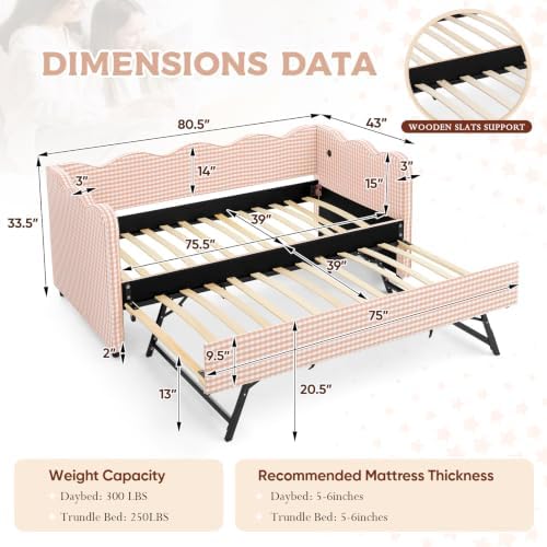 Twin Size Daybed with Pop Up Trundle, Linen Gingham Twin to King Daybed with USB Ports, Upholstered Day Bed Frame, Modern Sofa Bed for Living Room/Bedroom/Guest Room, No Box Spring Needed, Pink