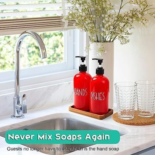 ALELION Dish Soap Dispenser for Kitchen - 16 OZ Glass Hand Soap Dispenser Set with Acacia Wood Tray - Red Kitchen Bathroom Decor and Accessories