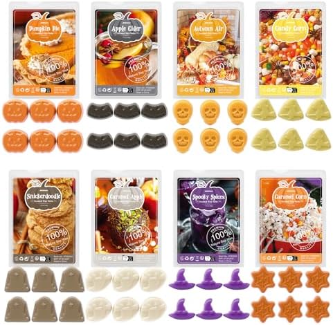 ARVIDSSON Halloween Scented Wax Melts, Fall Soy Wax Cubes for Wax Warmer, Strong Scent Fragrance Wax Tarts, Autumn Wax Melts Gift Set, Pumpkin Pie, Spiced Cider, Candy Corn, Snickerdoodle, Autumn Air