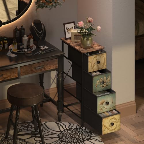 Tohomeor Narrow Storage Dresser Slim Dresser with Retro Flowers Fabric Drawers Vertical Skinny Cabinet for Small Spaces,Bathroom,Bedroom Closet Nightstand,Entryway Organizer (Retro Flower, 4 Drawers)