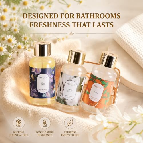Airkeep Reed Diffuser Set, 3 Pack Fresh Linen Ocean Mist Citrus Fragrance Oils for Home, Long Lasting Aroma with Reed Sticks for Bedroom, Bathroom, Living Room & Office