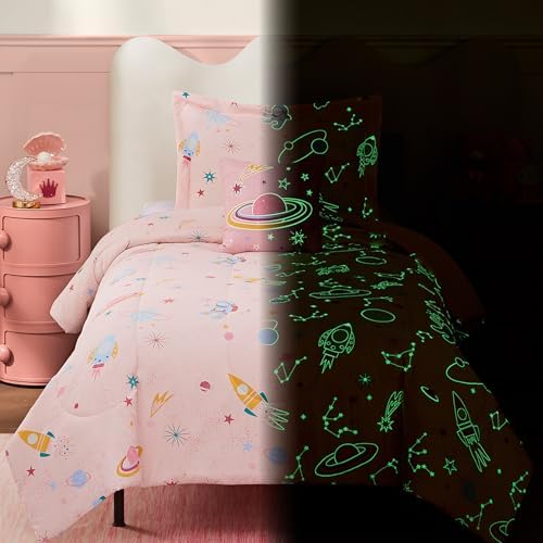 Twin Comforter Set for Girls-3 Pieces Pink Glow in the Dark Twin Bedding